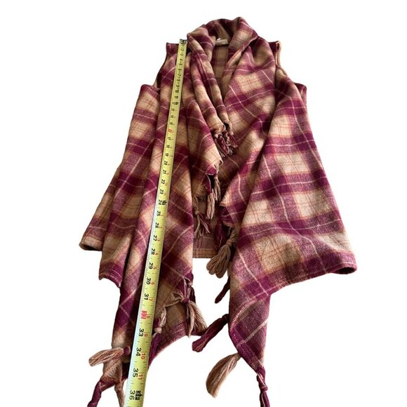 Entro Plaid Fringe Poncho Shawl Red Beige Sleeveless Vest Boho Western Size S - Picture 7 of 8